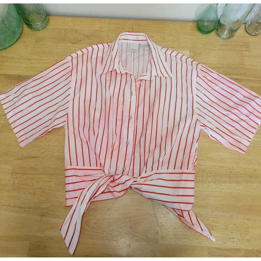 PINKO Pink Red Striped Cotton Collared Short Sleeve Button-Up Tie Front Lux 6